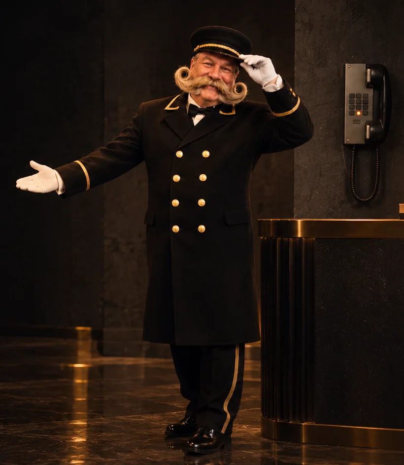 The 24/7 Front Desk's doorman welcoming a guest beside the front desk